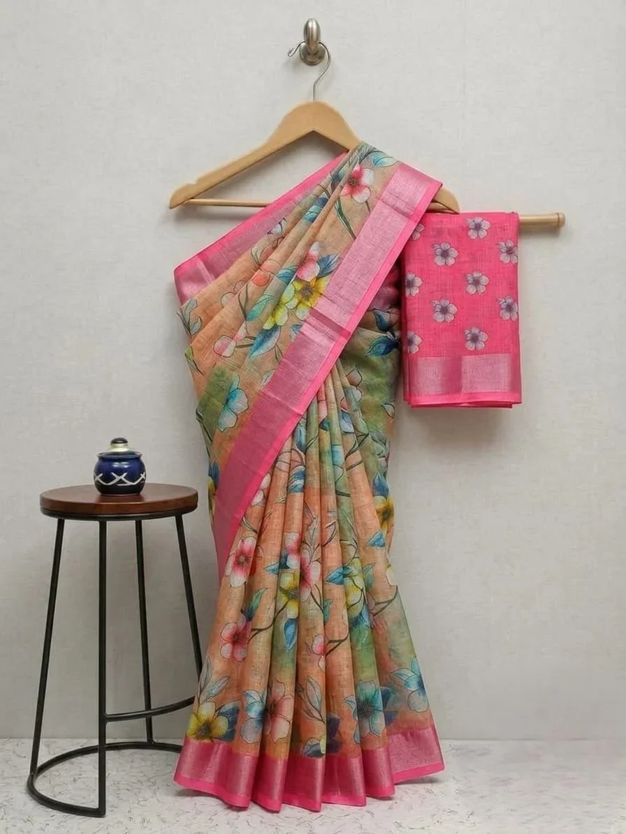 Peach Handloom Linen Cotton Saree